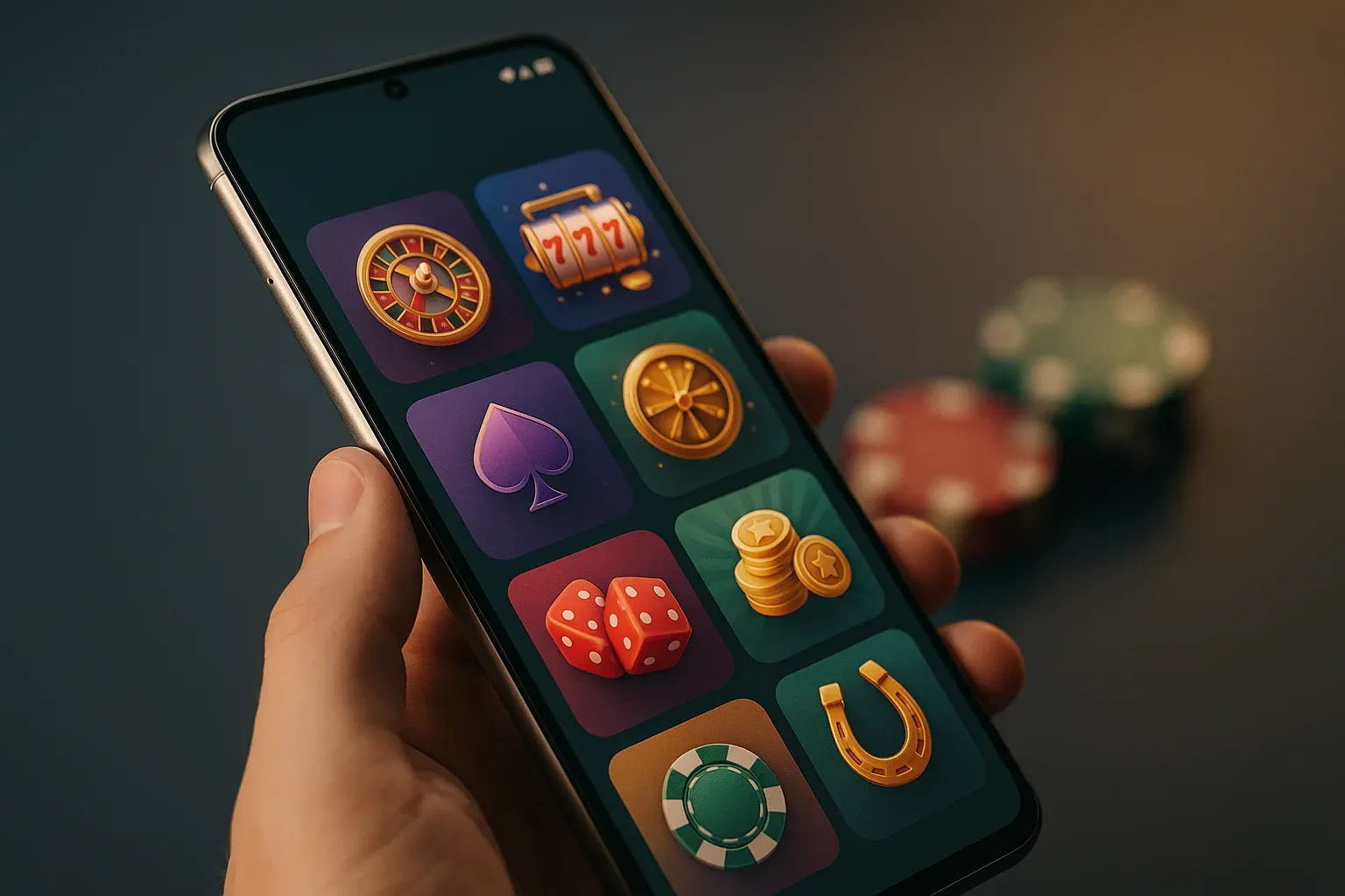 Hyperrealistic flagship Android smartphone showing vivid casino app interface, studio lighting