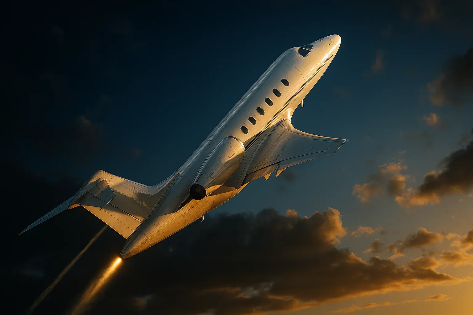 Hyperrealistic white jet climbing steeply in deep blue sky with trails