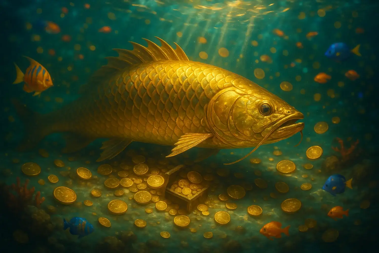 Hyperrealistic underwater golden dragon fish with glowing coins and treasure