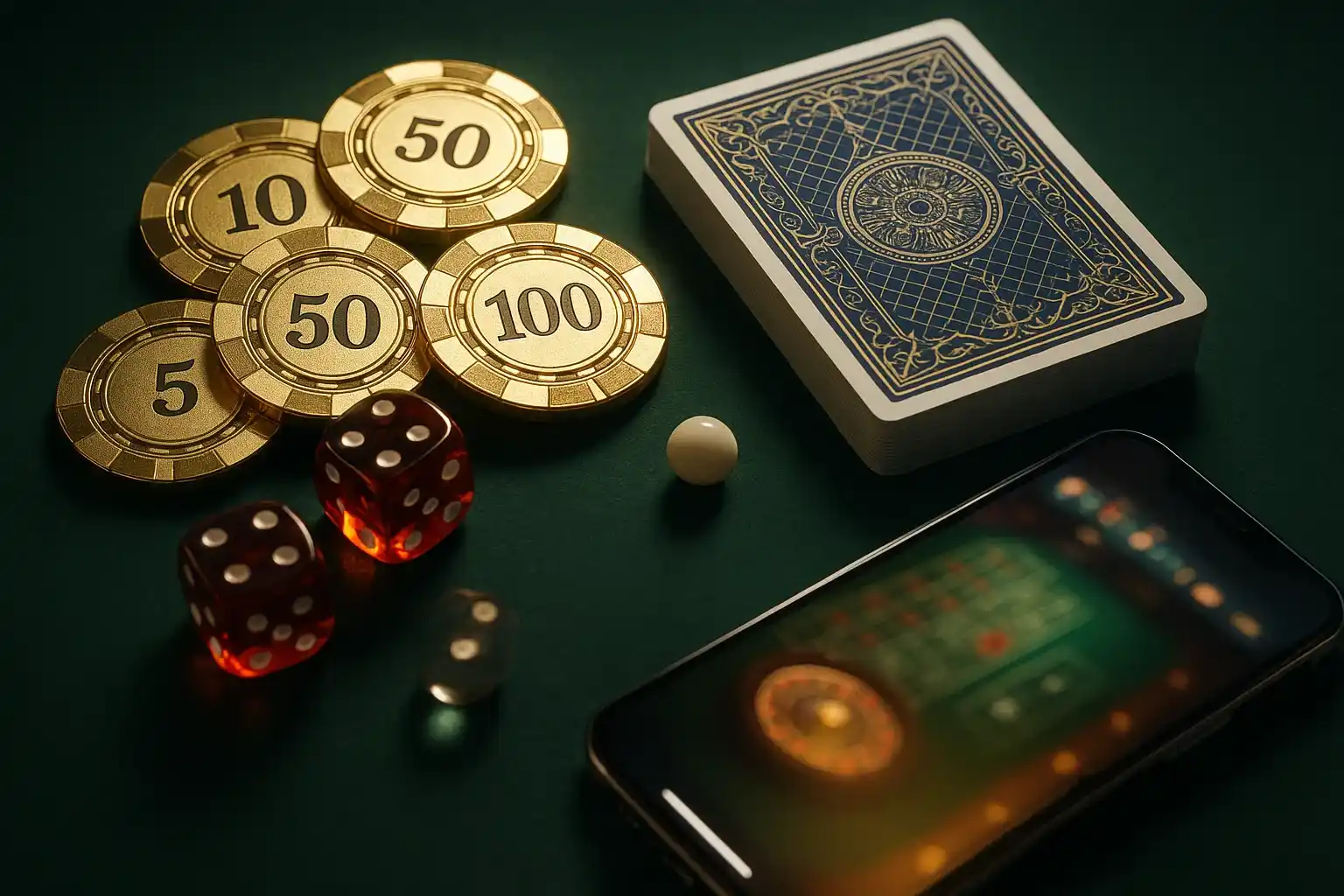 Top-down casino table with golden chips, cards, dice, roulette ball, smartphone