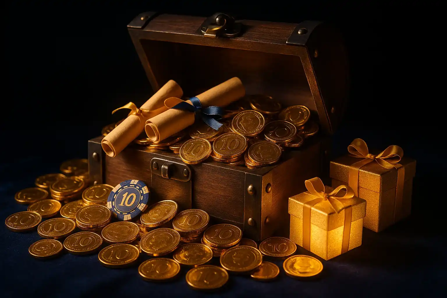 Overflowing treasure chest with gold coins, casino chips, vouchers, gift boxes