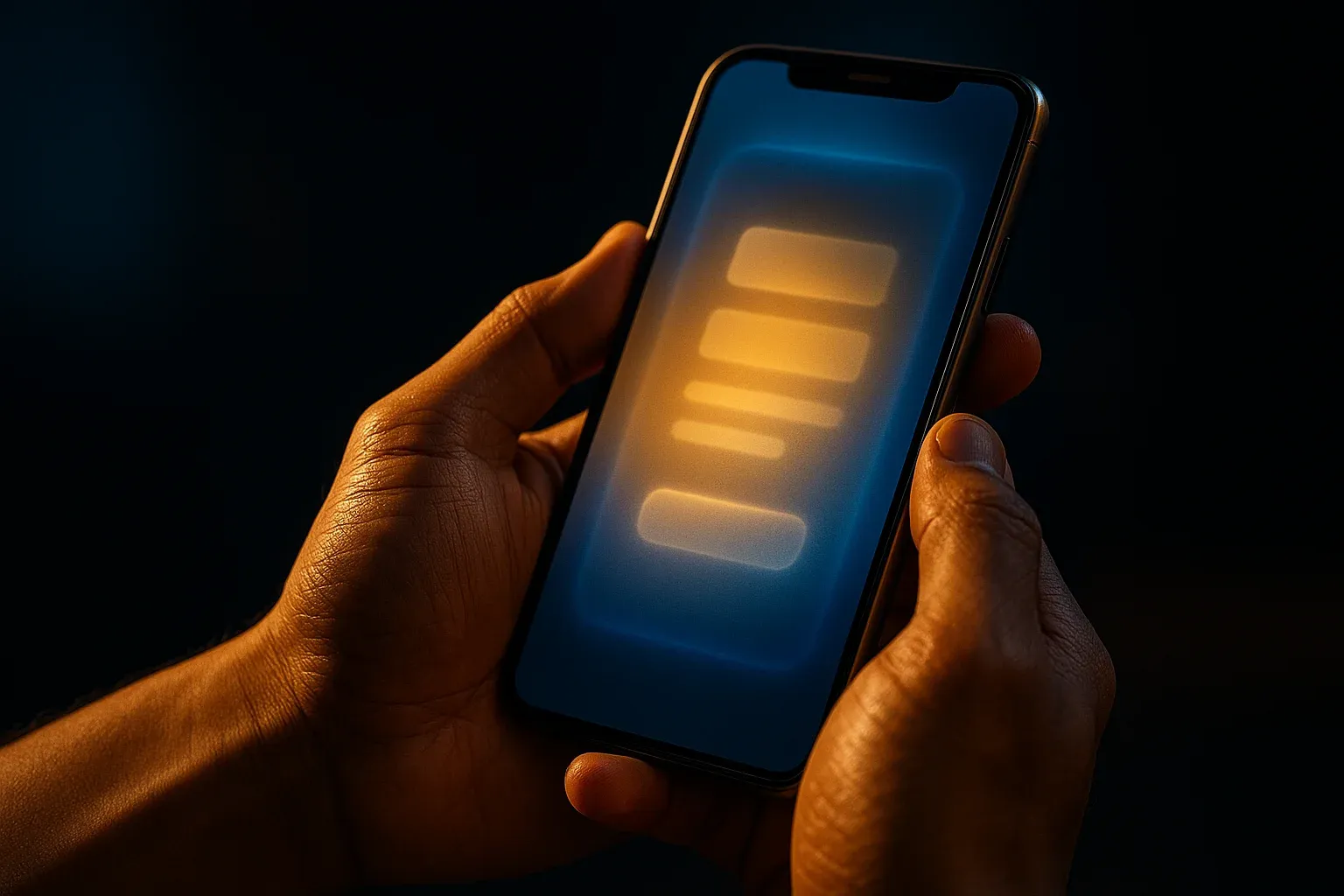 Filipino man hands holding smartphone with blurred registration screen, blue gold glow