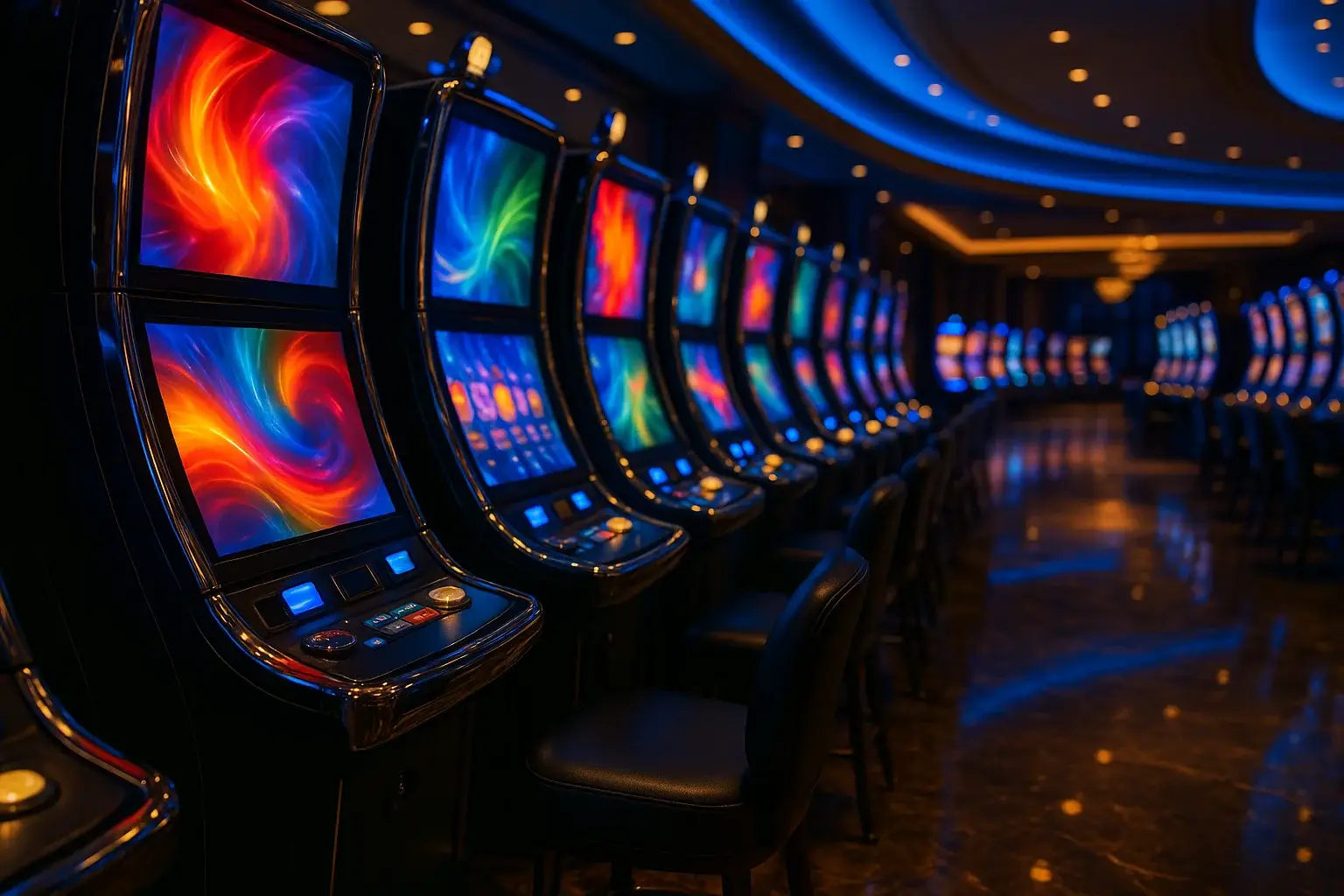 Hyperrealistic wide shot of premium Manila casino slots floor at night