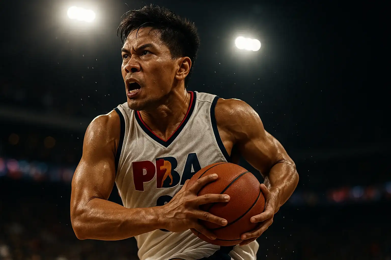 Filipino PBA player mid-air driving to basket under arena lights